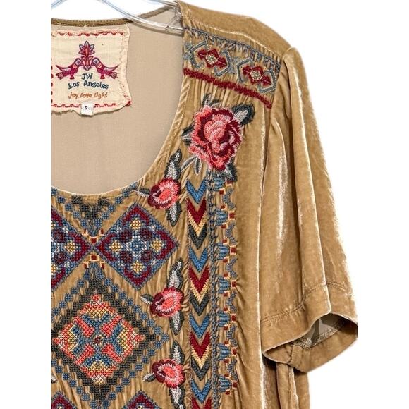 Johnny Was Tan Velour Embroidered Boho Top Multicolor Floral Pattern Tunic Top S - Picture 4 of 7
